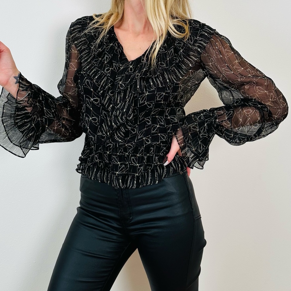 Robert Rodriguez 100% Silk Metallic Black Ruffle Blouse Size 2 Whimsigoth Boho